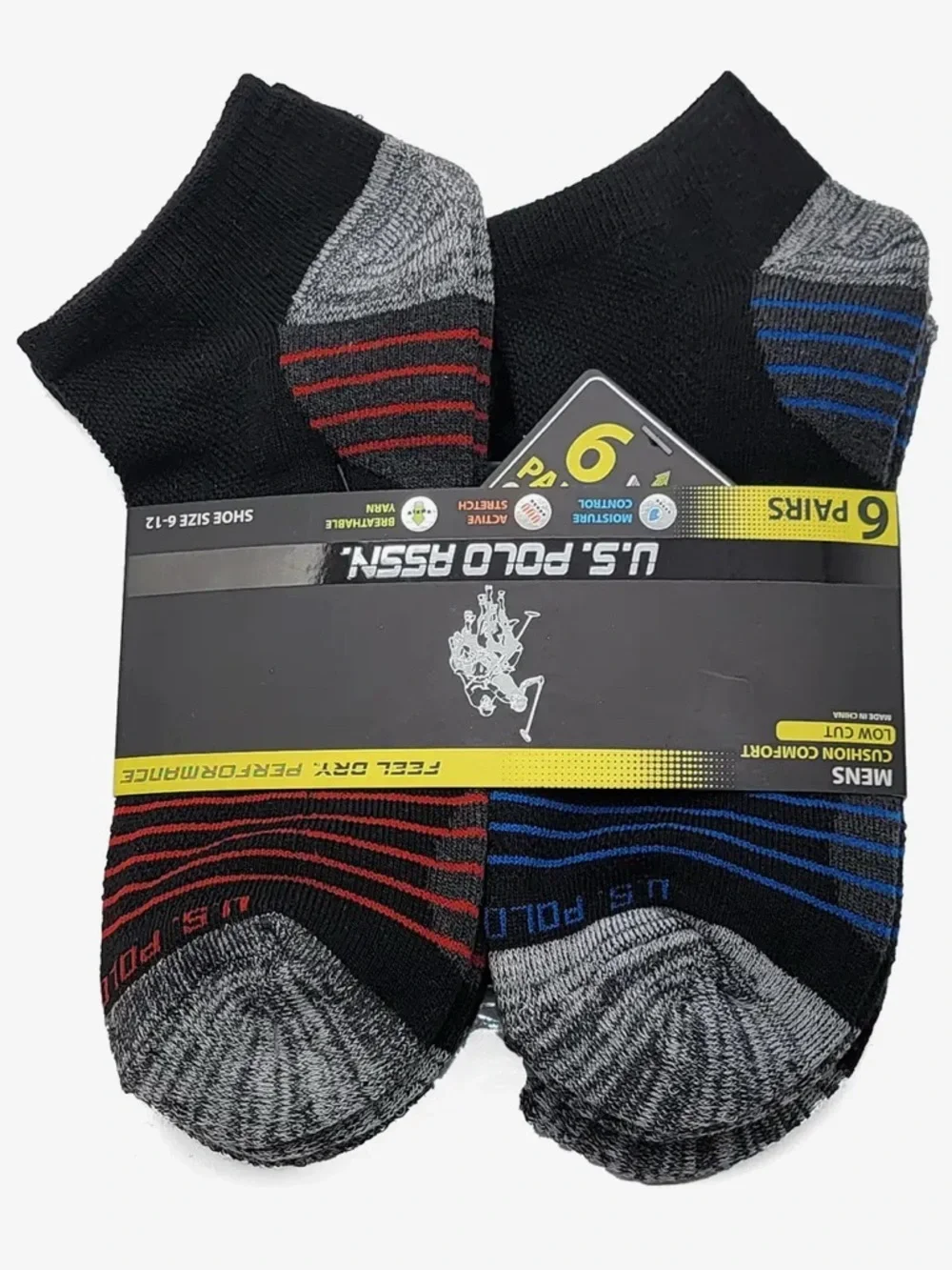 U.S. Polo Assn. Men's Low-Cut Athletic Socks - Black, Gray & Red (6 Pairs)